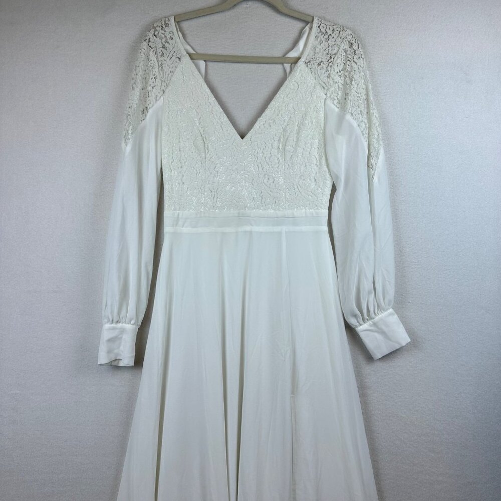 Lulus Astra Lace V Neck Maxi Wedding Dress Size S Chiffon Romantic Rustic Slit - Picture 4 of 10